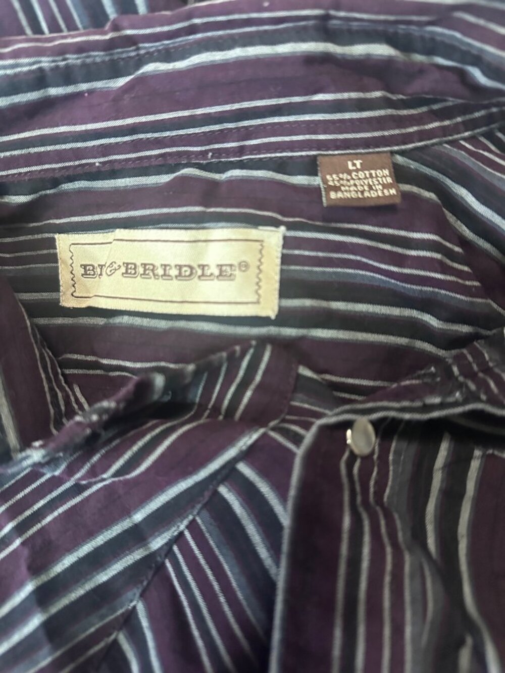 Bit & Bridle pearl snap burgundy and gray striped shirt size LT - Picture 6 of 7